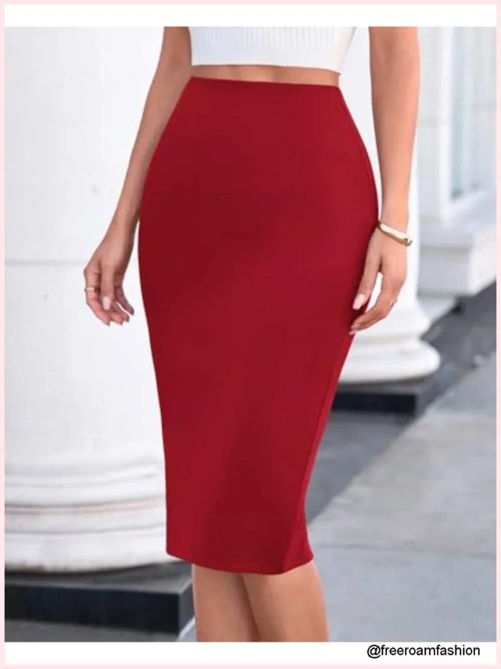 High Waist Pencil Skirt with Back Slit Midi Length Stretch Business Casual
